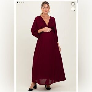 Burgundy Solid Long Sleeve V-Neck Smocked Detail Maxi Dress pink blush maternity